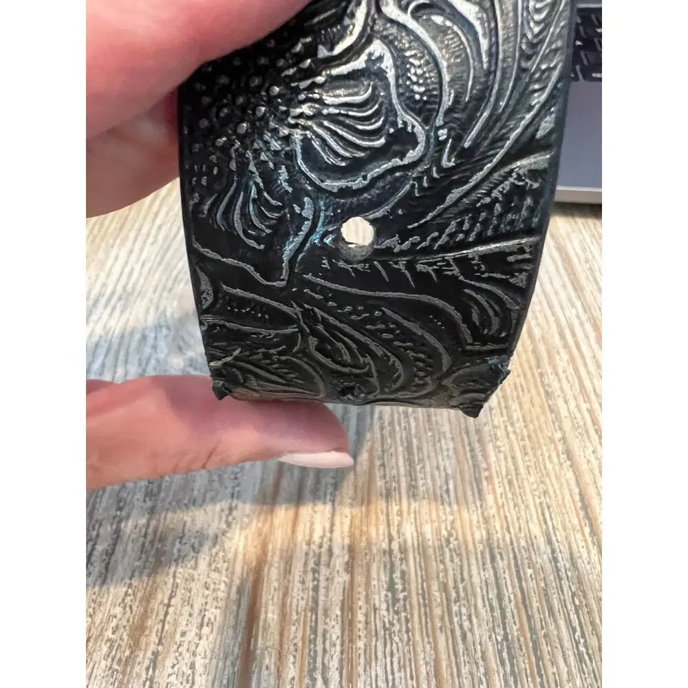 Chicos black and silver tooled faux leather belt with rhinestone detail